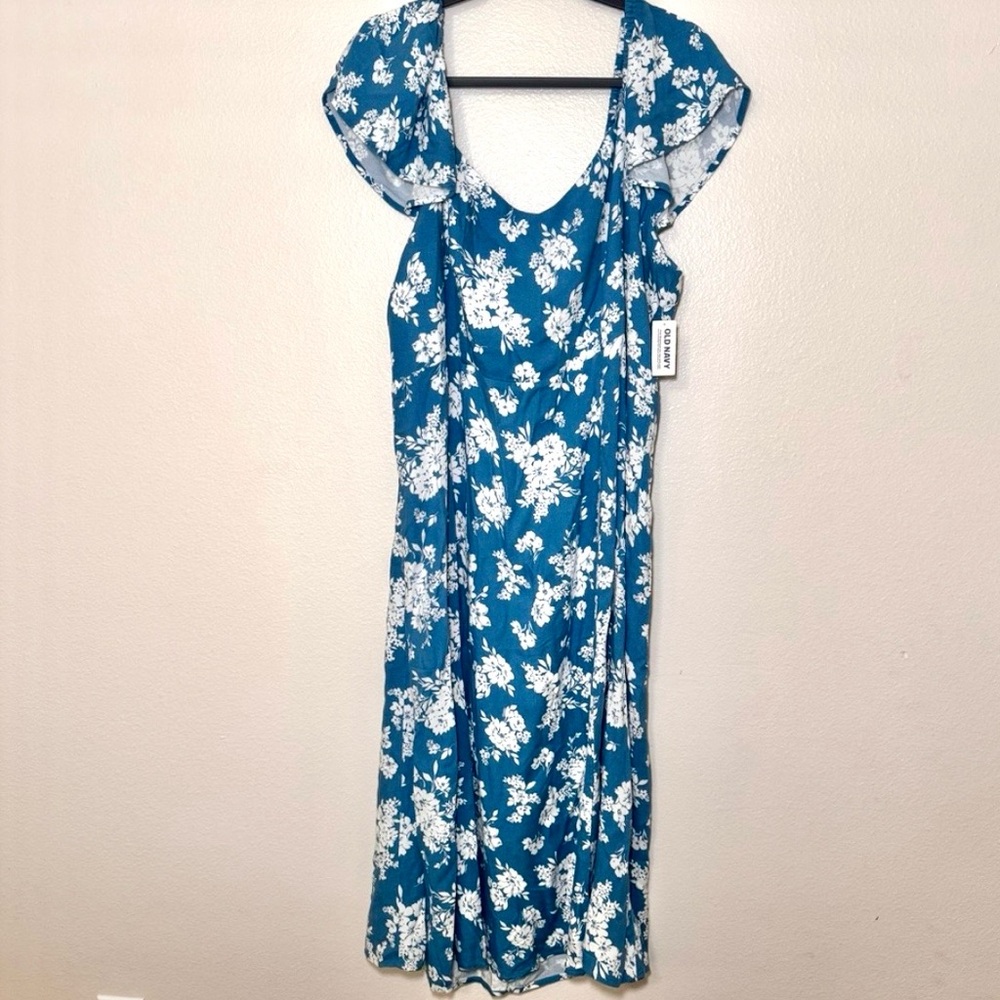 Old Navy Blue Floral Midi Dress XXL NWT Flowy Short Sleeve Summer